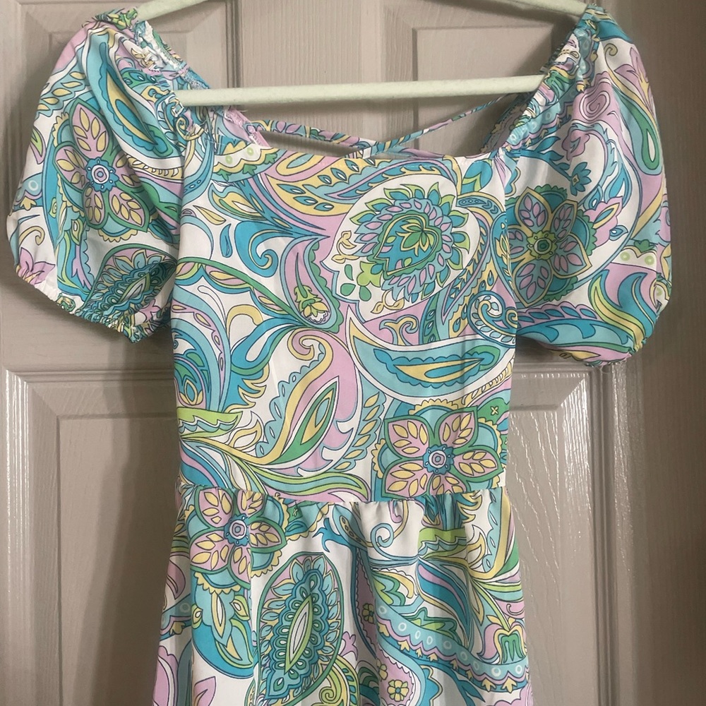 SHEIN Paisley Print Puff Sleeve Tied Back Dress
